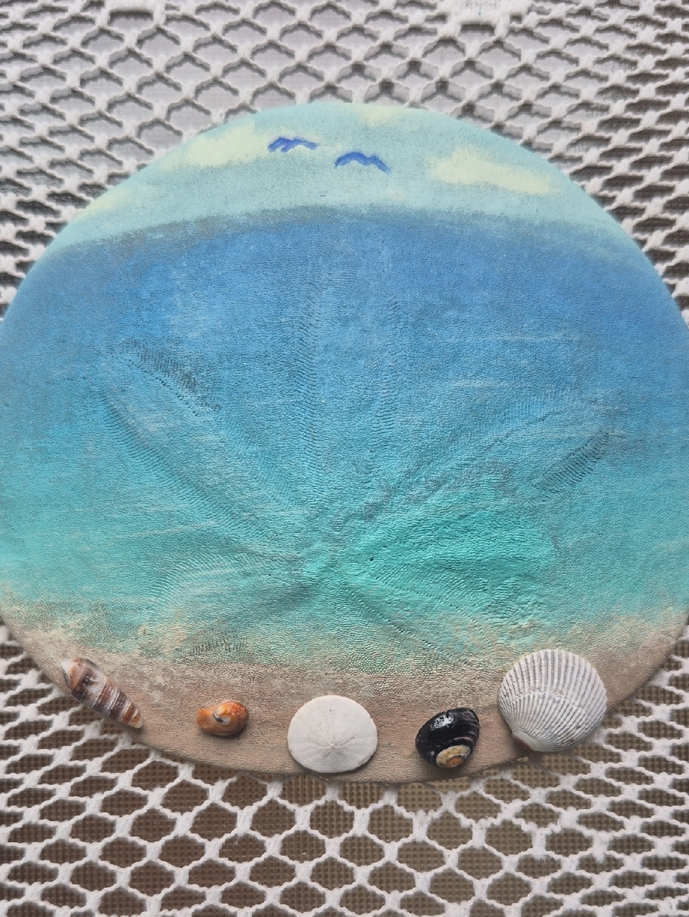 Sand Dollar Painting Of Beach Scene With Real Mini Shells